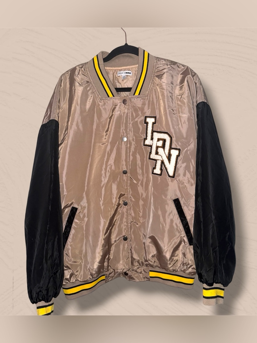 Fashion Nova Taupe and Black Satin Varsity Jacket with Yellow Stripe Trim